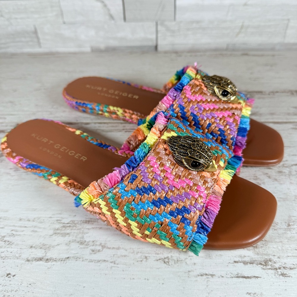 Kurt Geiger Kensington Eagle Casual Flat Raffia Slide Sandals EU 39 Rainbow New - Picture 1 of 14